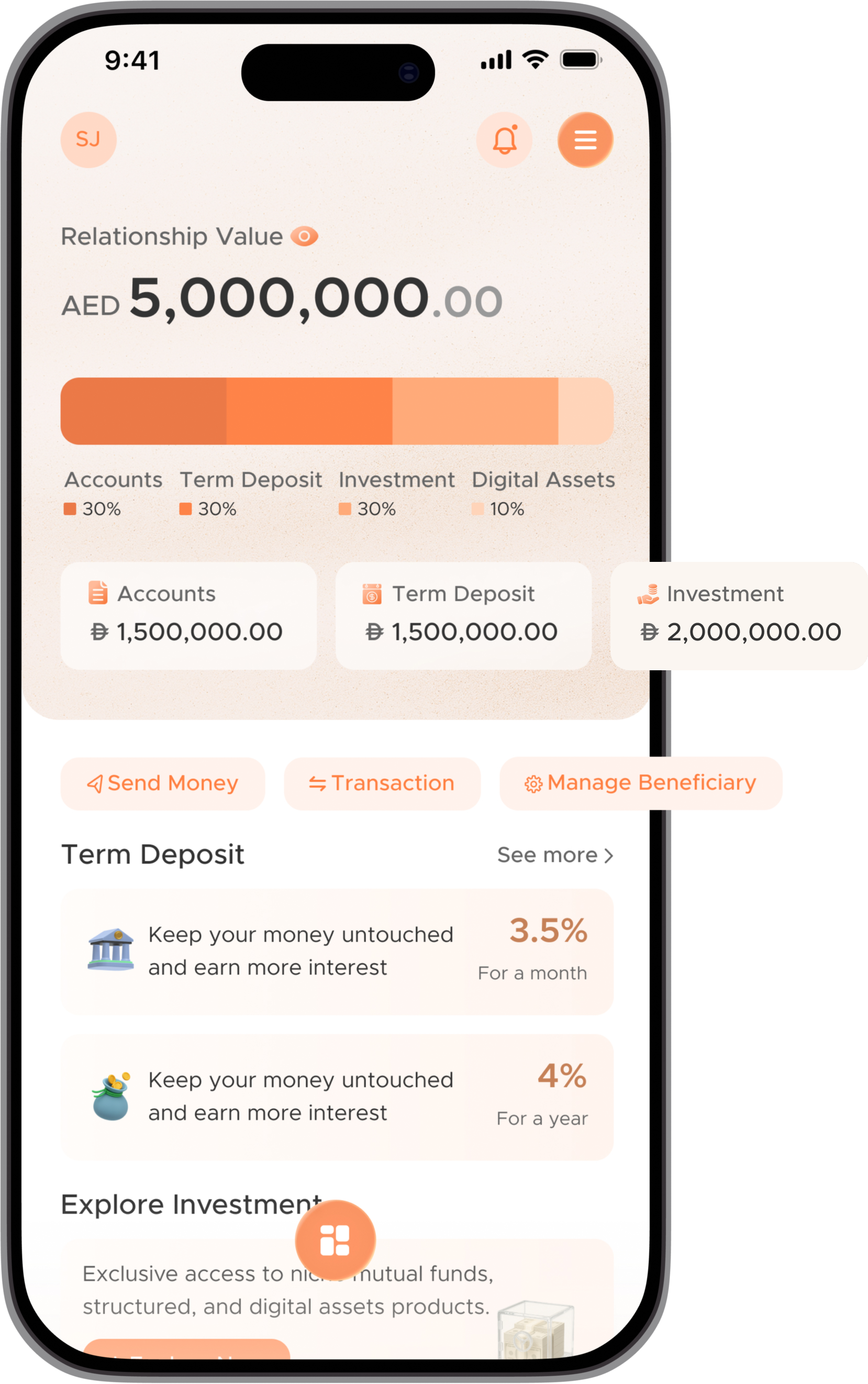 Zand Wealth App relationship value home screen